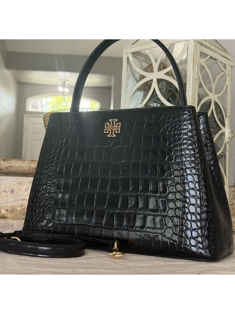 New 850!+ Tory Burch Britten Embossed Small Satchel/Crossbody Bag 141043 Black